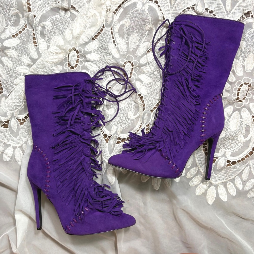 Scene Western Y2K Party Club Purple Suede Fringe Lace Up Stiletto Boots 7.5